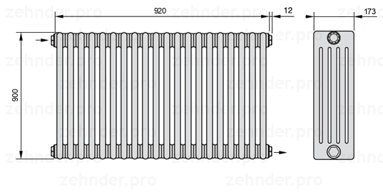Схема (чертеж) Радиатор Zehnder Charleston 5090/20 №1670 Белый глянцевый RAL 9016